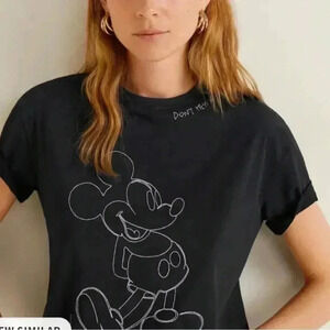 Mango Mickey Mouse Embroidered Tee Shirt Womens Size XS Black Short Sleeve